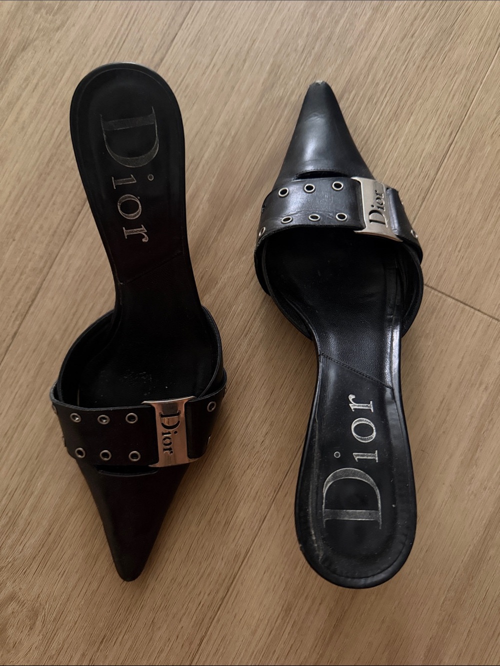 Vintage Dior Black Leather Pointed Mule with Buckle Detail Y2K